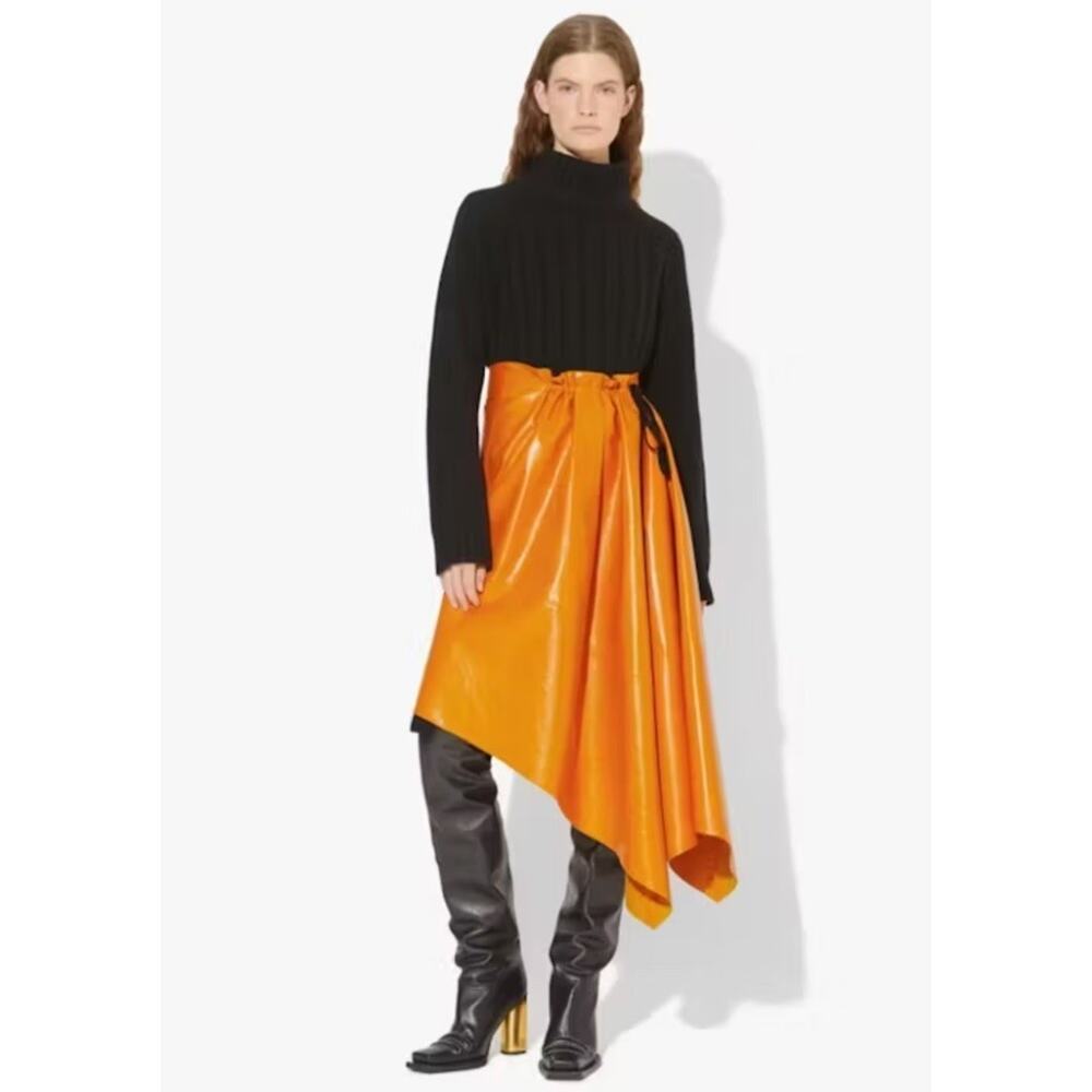 Proenza Schouler Asymmetrical Leather Lambskin Wool Trim Skirt Women Orange 10